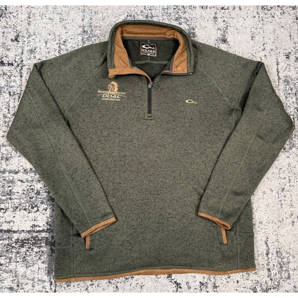 Drake Waterfowl Mens L Green 1/4 Zip Sweater Fleece Pullover Coal Logo